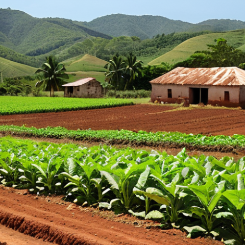 Home 15 "A vibrant, sun-drenched Cuban tobacco field in the Vuelta Abajo region, showcasing the rich red soil. Focus on the lush green tobacco plants and the traditional farming methods being used. In the background, rolling hills and a classic Cuban farmhouse can be seen. Capture the essence of 'terroir'."