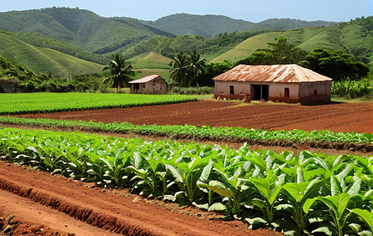 "A vibrant, sun-drenched Cuban tobacco field in the Vuelta Abajo region, showcasing the rich red soil. Focus on the lush green tobacco plants and the traditional farming methods being used. In the background, rolling hills and a classic Cuban farmhouse can be seen. Capture the essence of 'terroir'."