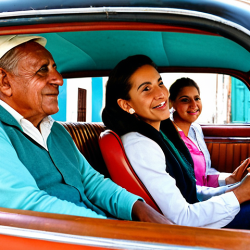 Home 7 A diverse group of locals in fully clothed, modest, and appropriate casual attire, sharing a ride inside a vintage American almendrón car. The interior of the classic vehicle showcases its aged charm, with glimpses of a vibrant, colorful Havana street and colonial buildings through the windows. The passengers are in a natural pose, comfortably seated, reflecting a slice of authentic daily life. The image is a high-resolution, professional photograph with natural lighting, depicting perfect anatomy, correct proportions, well-formed hands, and proper finger count. This is safe for work, appropriate content, and family-friendly.
