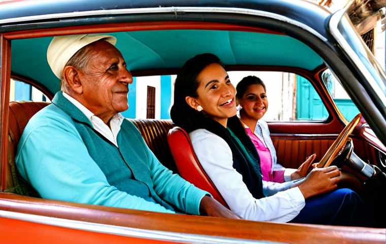 A diverse group of locals in fully clothed, modest, and appropriate casual attire, sharing a ride inside a vintage American almendrón car. The interior of the classic vehicle showcases its aged charm, with glimpses of a vibrant, colorful Havana street and colonial buildings through the windows. The passengers are in a natural pose, comfortably seated, reflecting a slice of authentic daily life. The image is a high-resolution, professional photograph with natural lighting, depicting perfect anatomy, correct proportions, well-formed hands, and proper finger count. This is safe for work, appropriate content, and family-friendly.