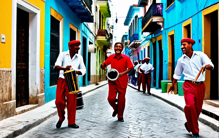 쿠바에서의 흑인 문화와 영향력 - Rumba Dance in Havana Alley**
"A vibrant rumba performance in a colorful Havana alleyway, musicians...